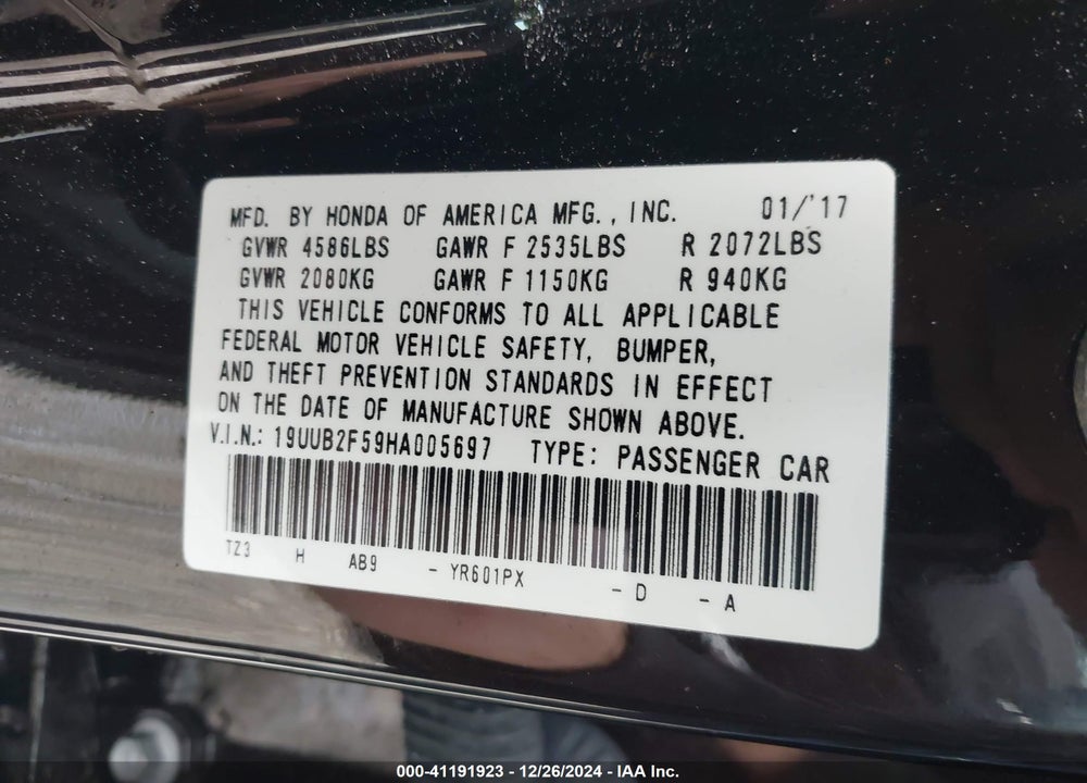 2017 ACURA TLX TECHNOLOGY PACKAGE VIN: 19UUB2F59HA005697