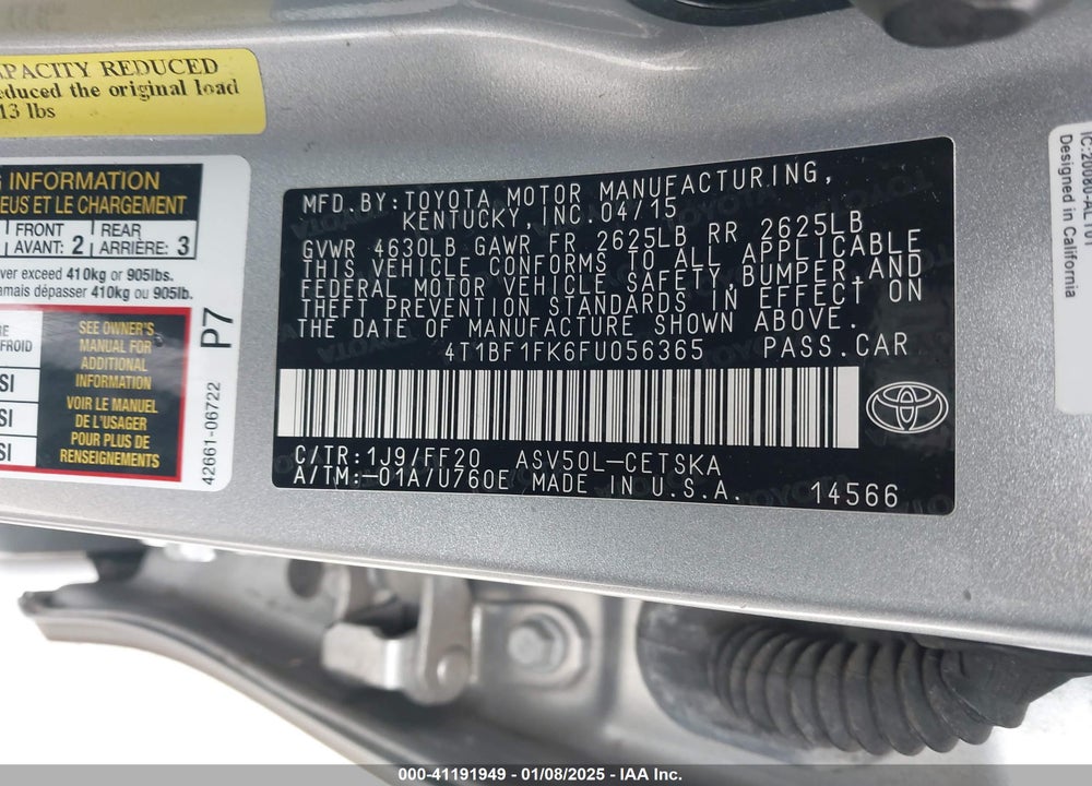 2015 TOYOTA CAMRY SE VIN: 4T1BF1FK6FU056365