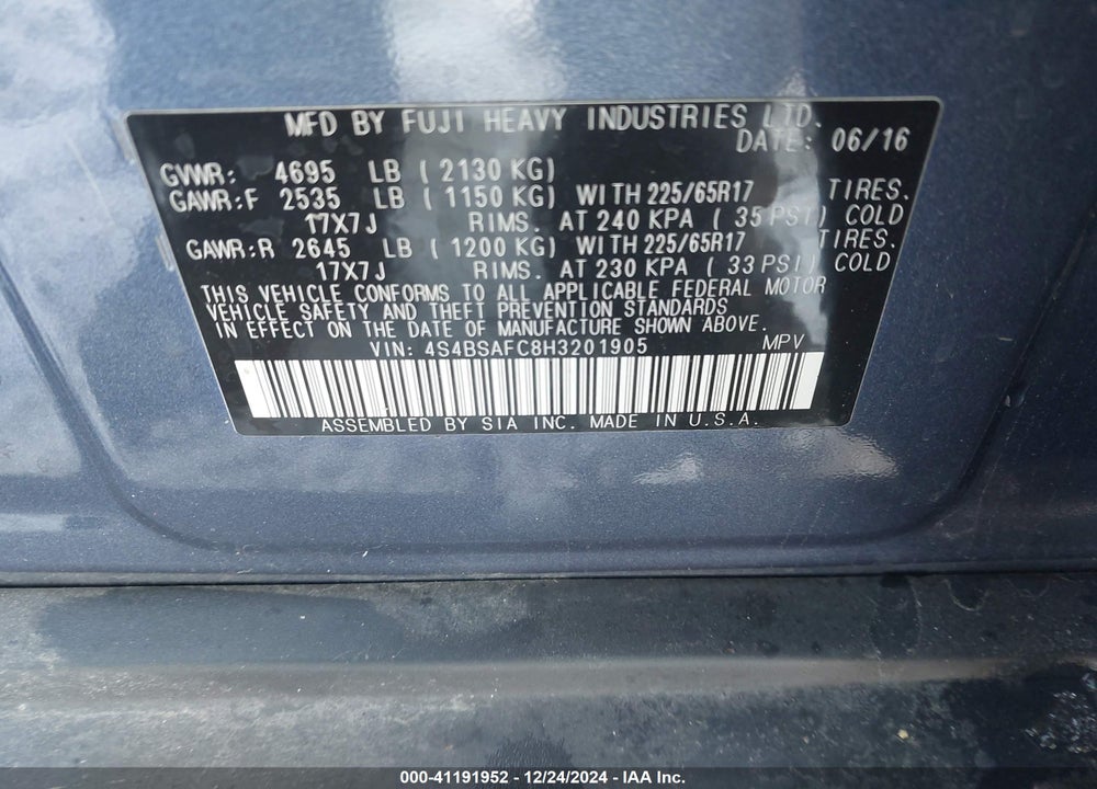 2017 SUBARU OUTBACK 2.5I PREMIUM VIN: 4S4BSAFC8H3201905