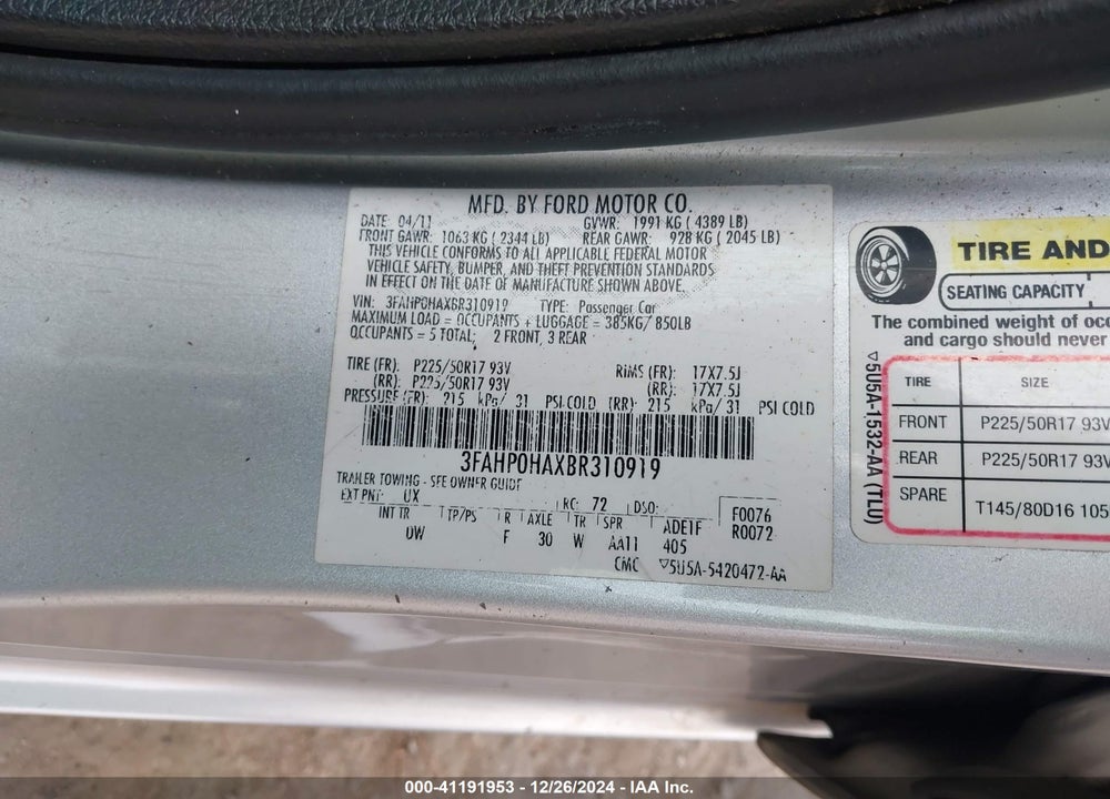 2011 FORD FUSION SE VIN: 3FAHP0HAXBR310919