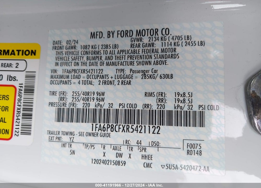 2024 FORD MUSTANG GT PREMIUM FASTBACK VIN: 1FA6P8CFXR5421122