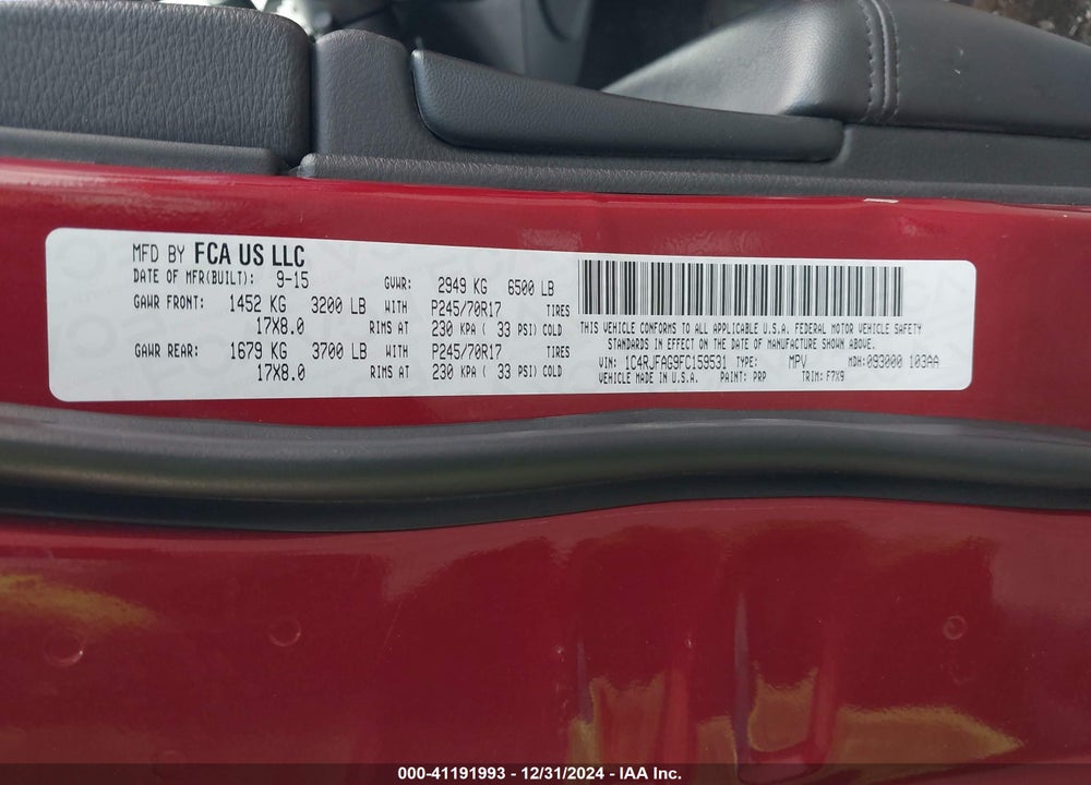 2015 JEEP GRAND CHEROKEE LAREDO VIN: 1C4RJFAG9FC159531