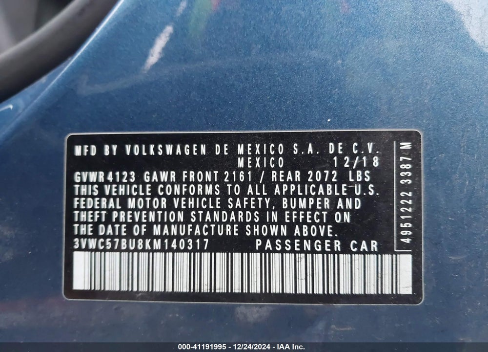 2019 VOLKSWAGEN JETTA VIN: 3VWC57BU8KM140317