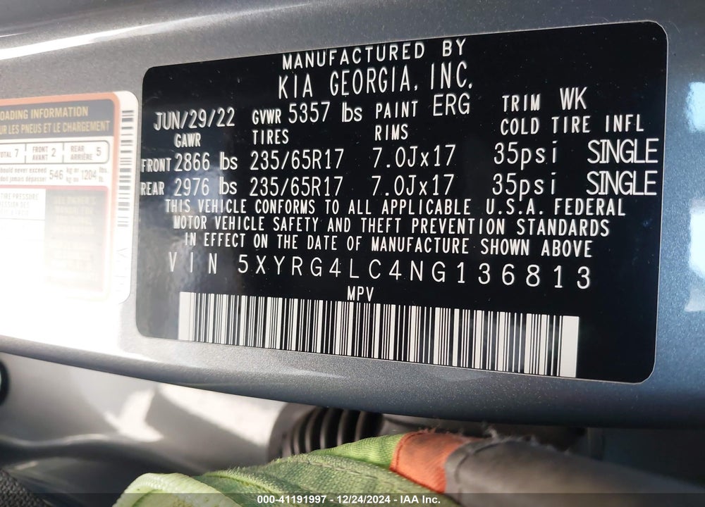 2022 KIA SORENTO VIN: 5XYRG4LC4NG136813