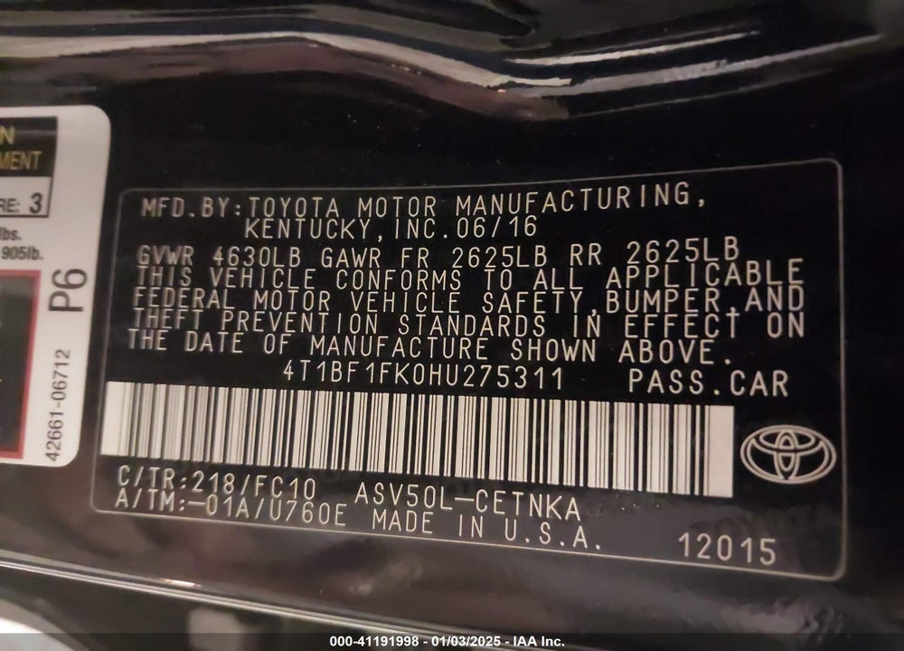 2017 TOYOTA CAMRY LE VIN: 4T1BF1FK0HU275311