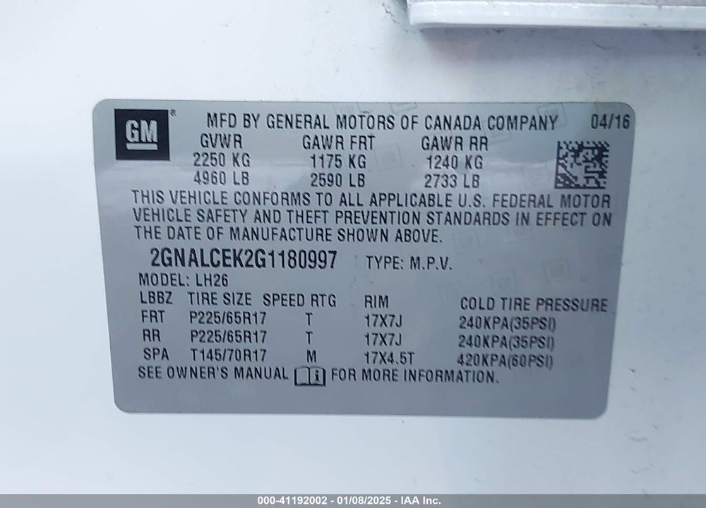 2016 CHEVROLET EQUINOX LT VIN: 2GNALCEK2G1180997