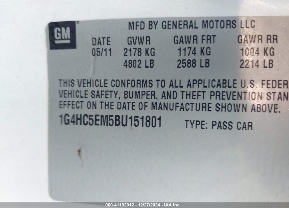 2011 BUICK LUCERNE VIN: 1G4HC5EM5BU151801
