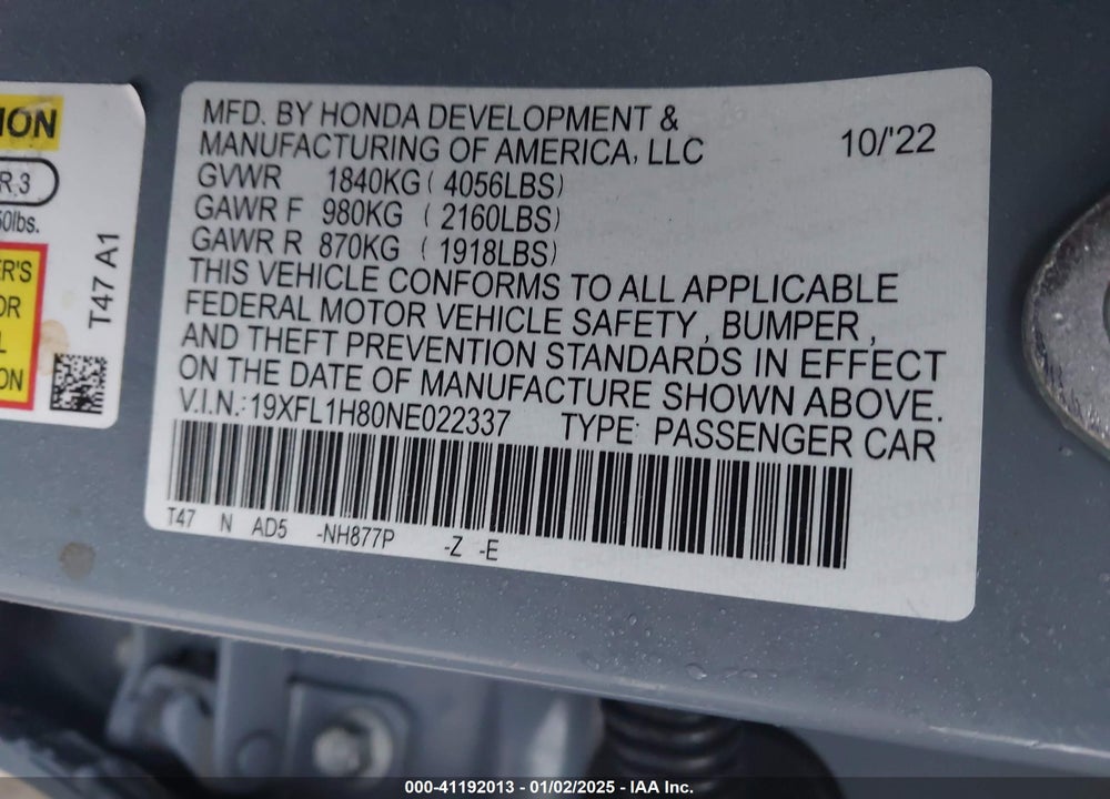 2022 HONDA CIVIC VIN: 19XFL1H80NE022337