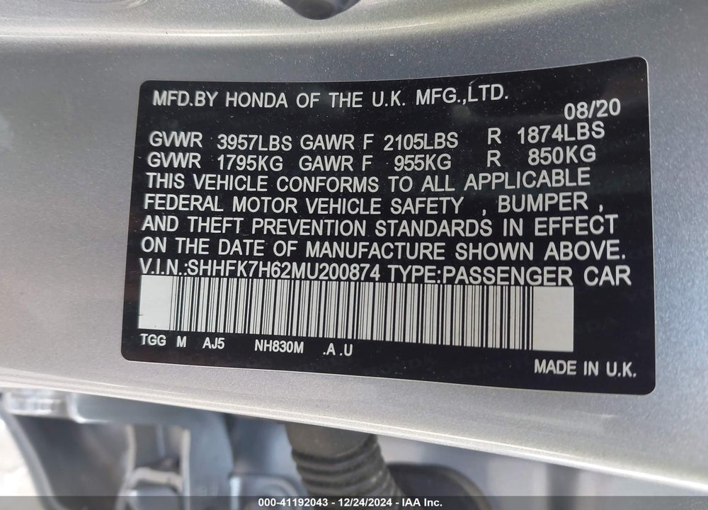 2021 HONDA CIVIC VIN: SHHFK7H62MU200874