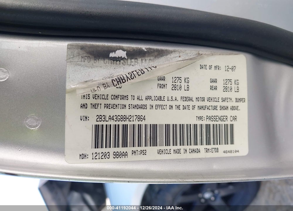 2008 DODGE CHARGER VIN: 2B3LA43G88H217864