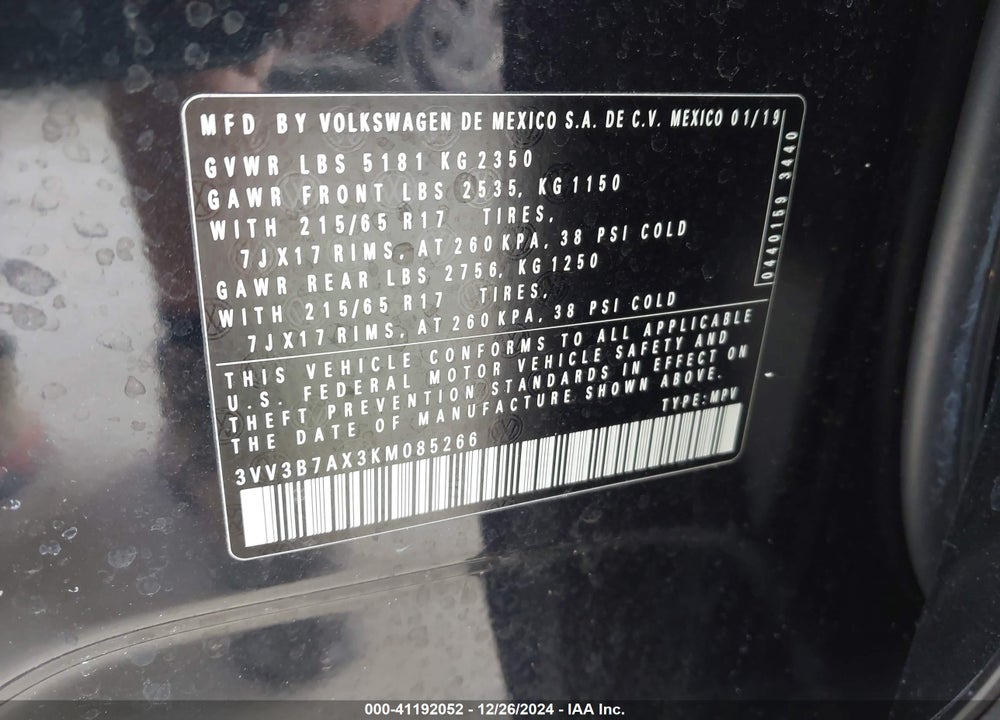 2019 VOLKSWAGEN TIGUAN 2.0T SE/2.0T SEL/2.0T SEL R-LINE/2.0T SEL R-LINE BLACK VIN: 3VV3B7AX3KM085266