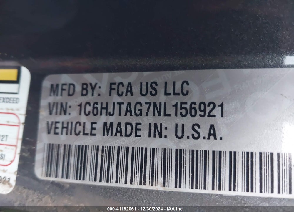 2022 JEEP GLADIATOR VIN: 1C6HJTAG7NL156921