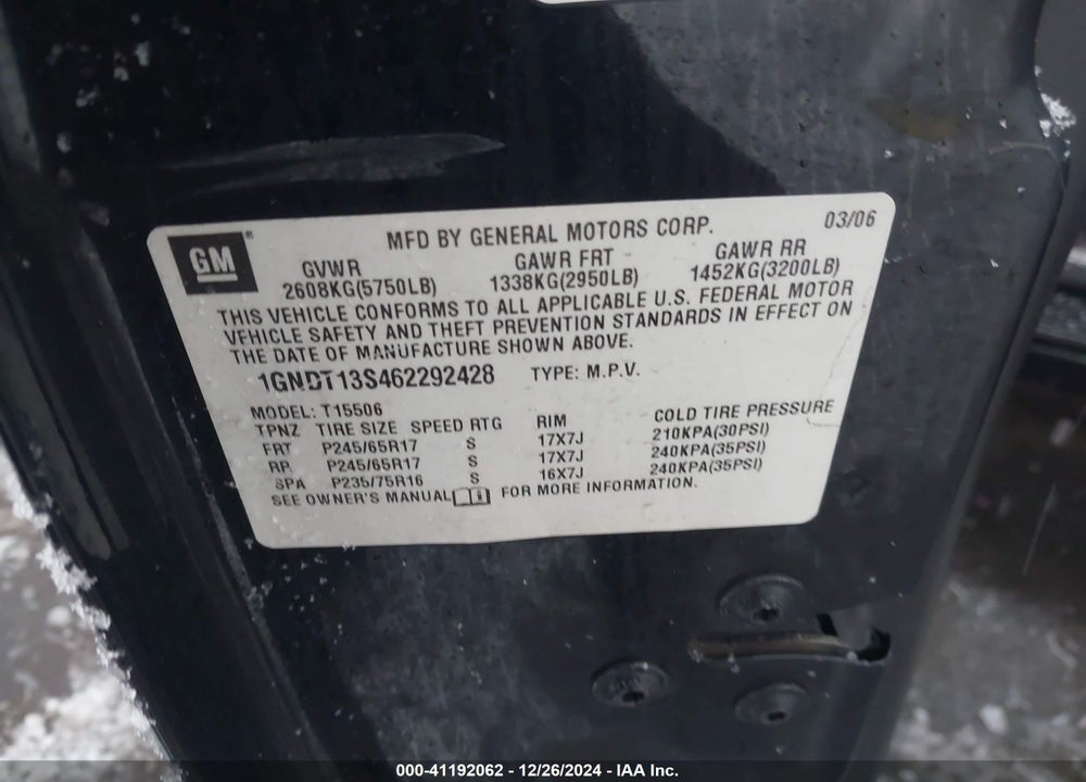 2006 CHEVROLET TRAILBLAZER LT VIN: 1GNDT13S462292428