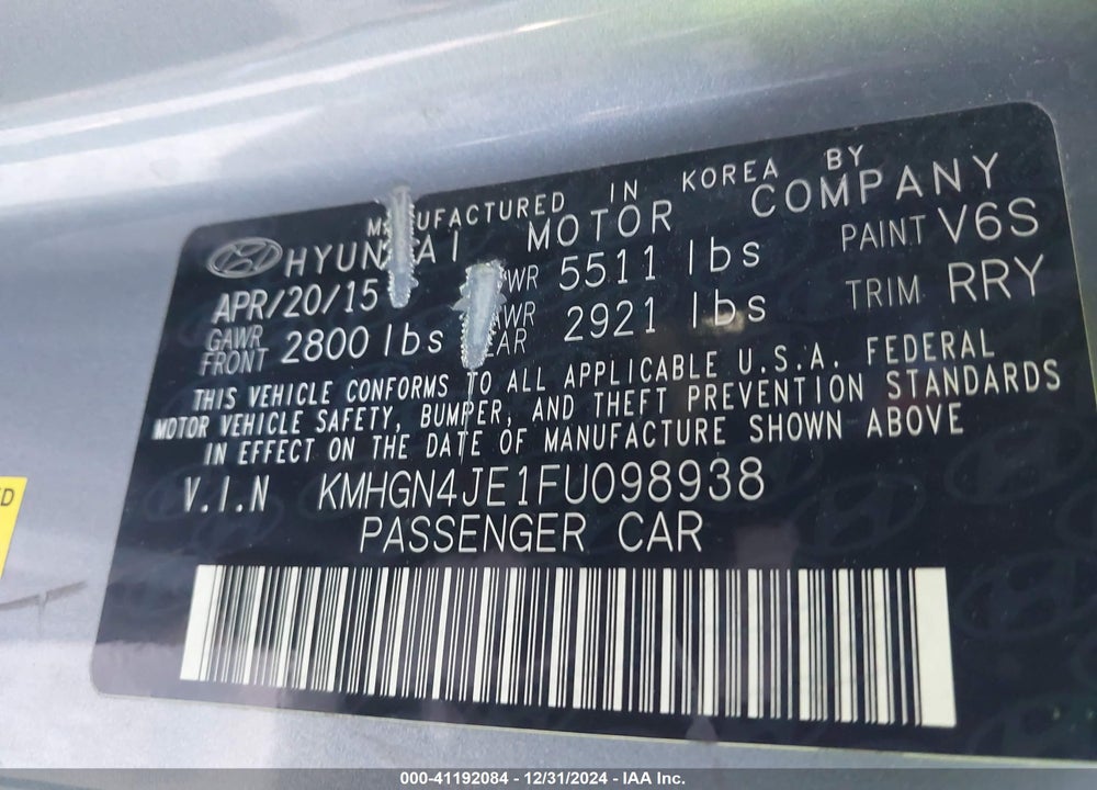2015 HYUNDAI GENESIS VIN: KMHGN4JE1FU098938