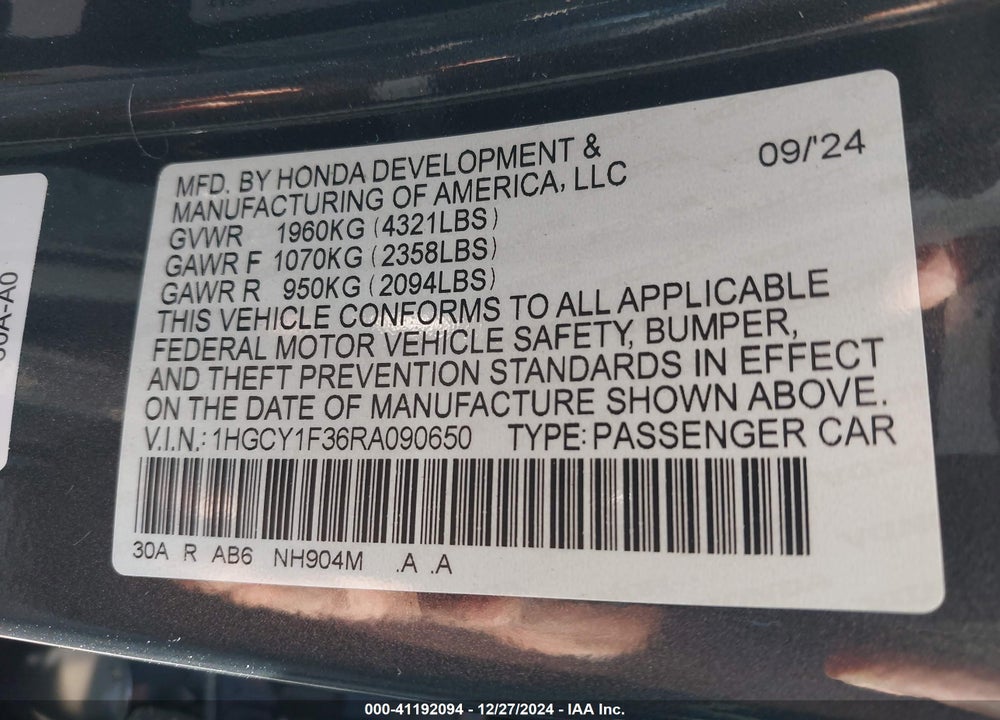 2024 HONDA ACCORD VIN: 1HGCY1F36RA090650