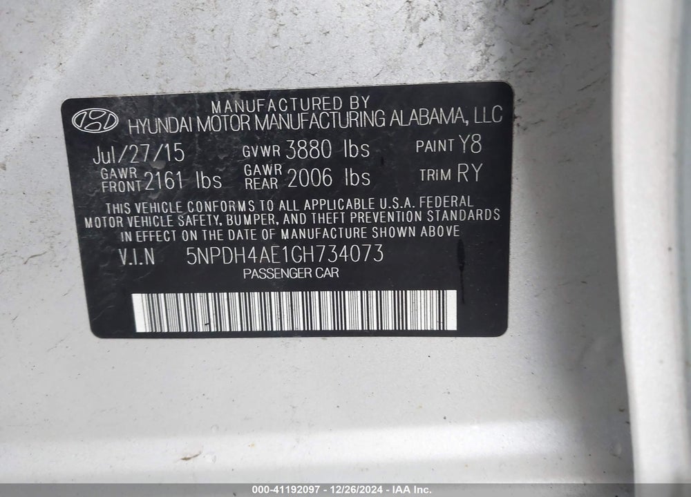 2016 HYUNDAI ELANTRA VALUE EDITION VIN: 5NPDH4AE1GH734073