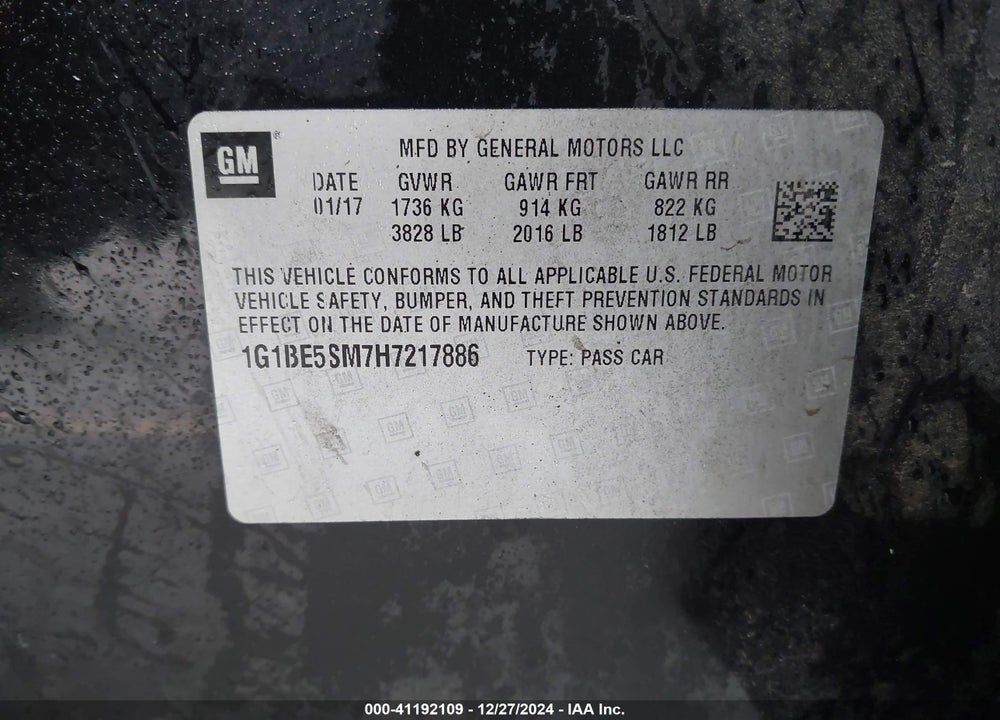 2017 CHEVROLET CRUZE LT AUTO VIN: 1G1BE5SM7H7217886