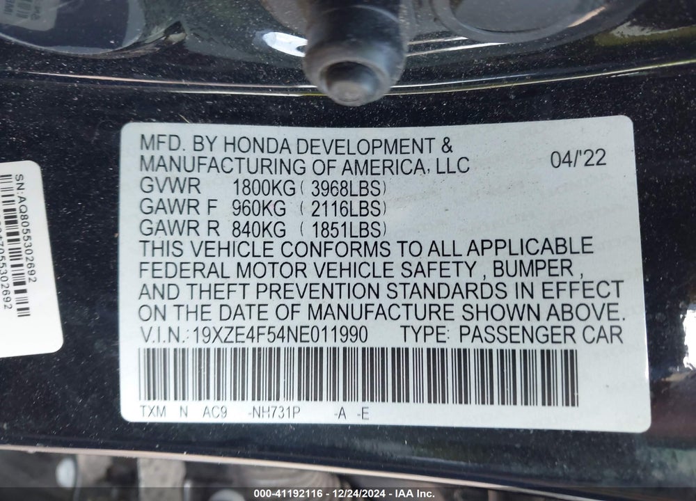 2022 HONDA INSIGHT VIN: 19XZE4F54NE011990