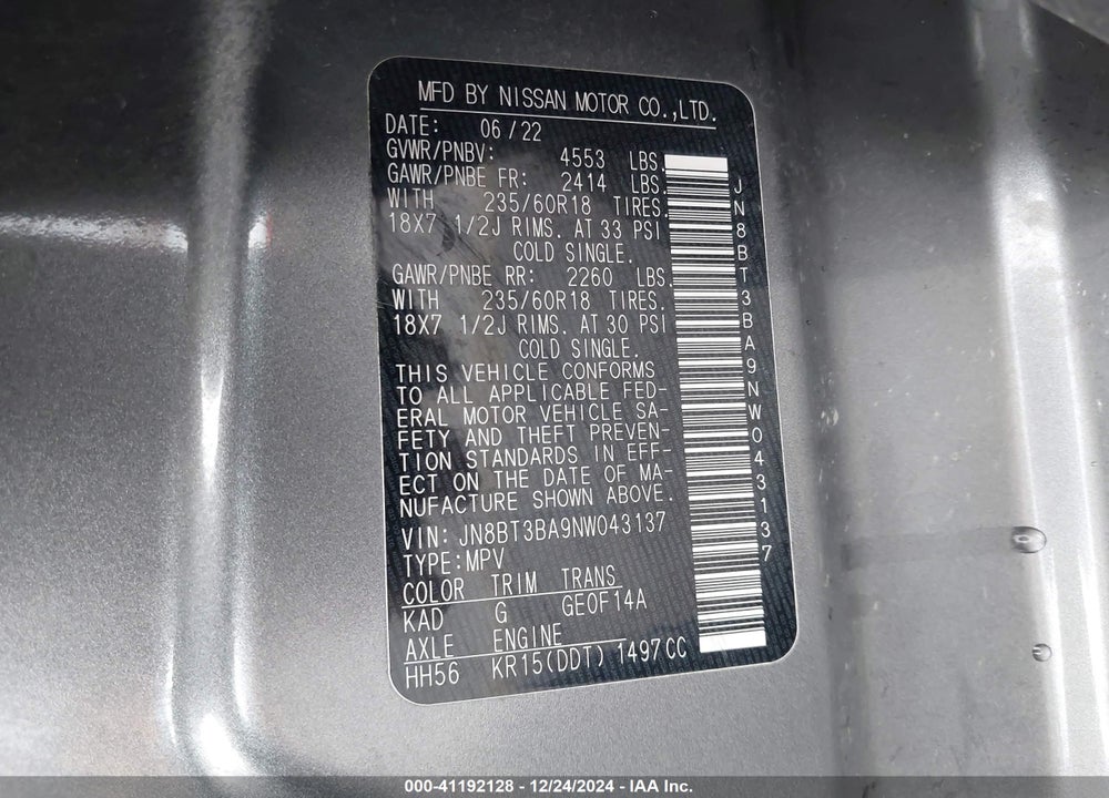 2022 NISSAN ROGUE SV FWD VIN: JN8BT3BA9NW043137