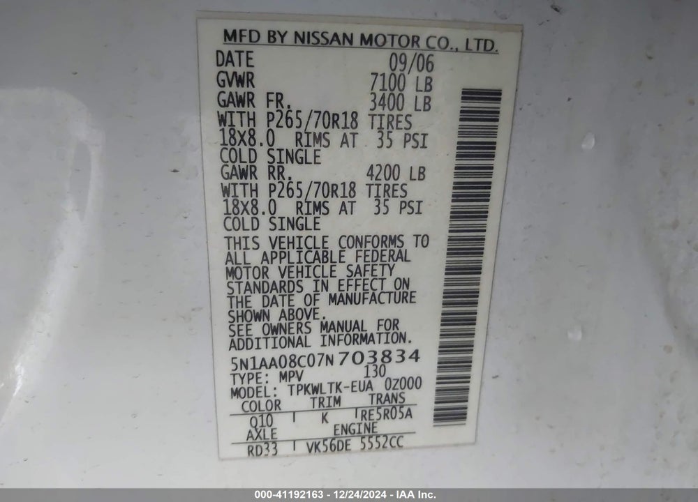 2007 NISSAN ARMADA SE VIN: 5N1AA08C07N703834
