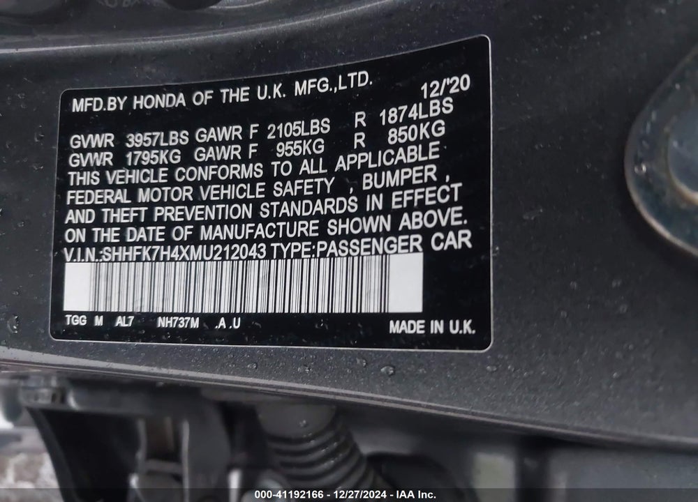 2021 HONDA CIVIC VIN: SHHFK7H4XMU212043