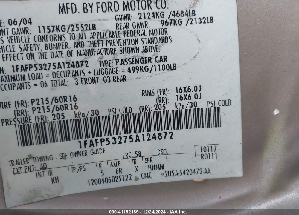 2005 FORD TAURUS SE VIN: 1FAFP53275A124872