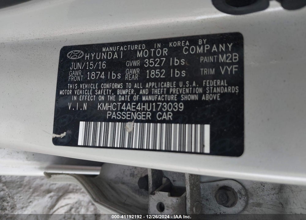 2017 HYUNDAI ACCENT VIN: KMHCT4AE4HU173039