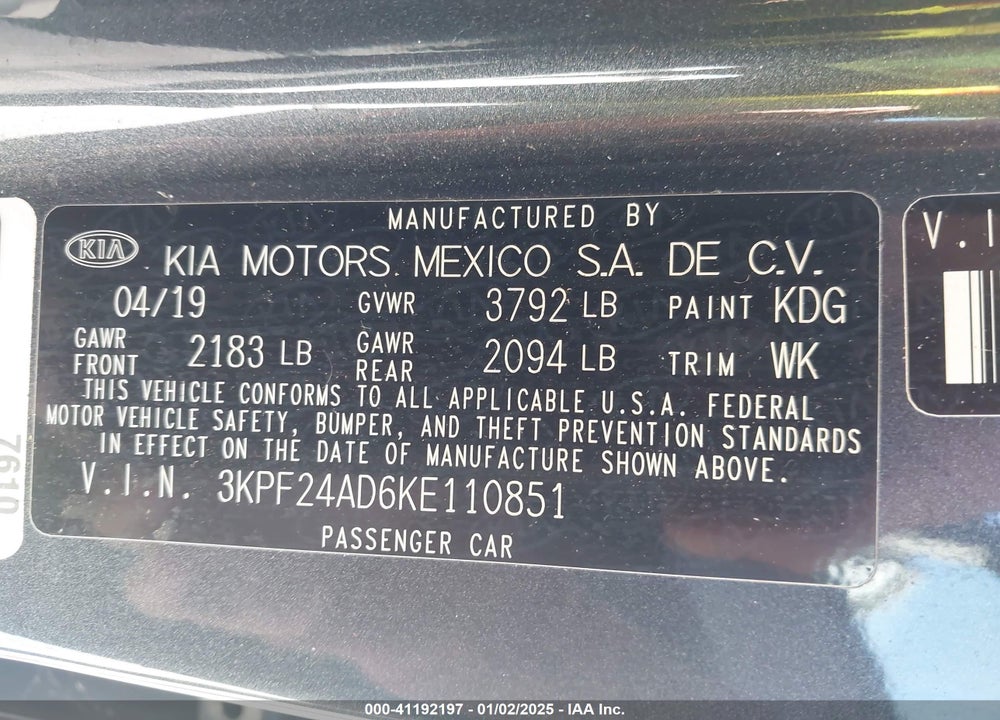2019 KIA FORTE VIN: 3KPF24AD6KE110851