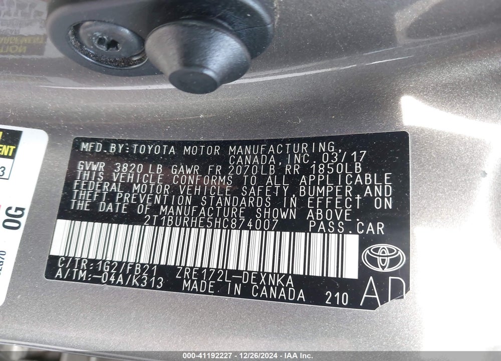 2017 TOYOTA COROLLA VIN: 2T1BURHE5HC874007