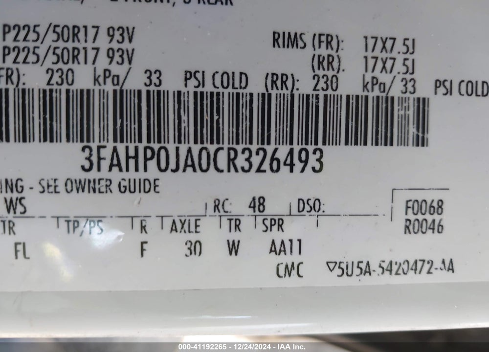 2012 FORD FUSION SEL VIN: 3FAHP0JA0CR326493