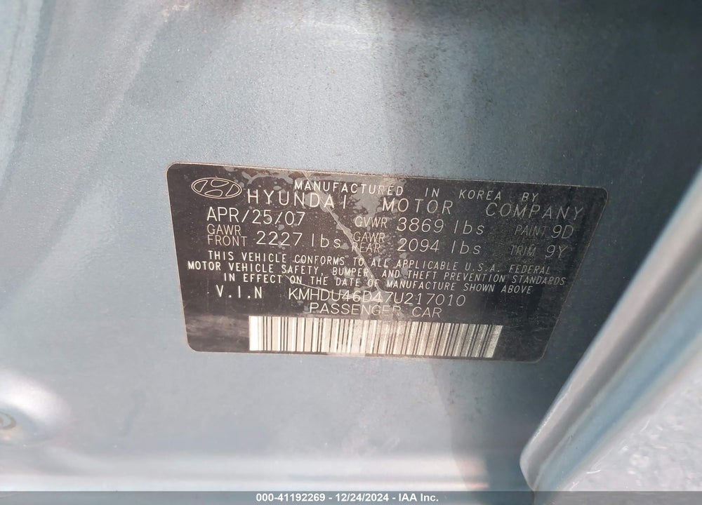 2007 HYUNDAI ELANTRA GLS/LIMITED/SE VIN: KMHDU46D47U217010