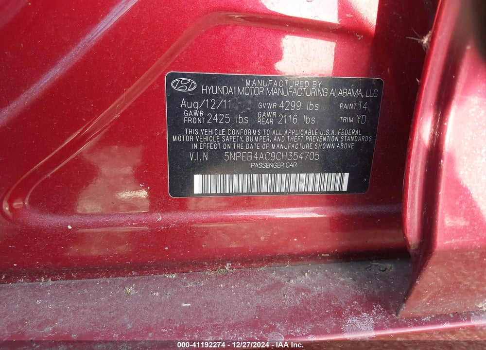 2012 HYUNDAI SONATA GLS VIN: 5NPEB4AC9CH354705