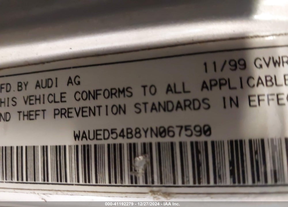 2000 AUDI A6 2.7T VIN: WAUED54B8YN067590