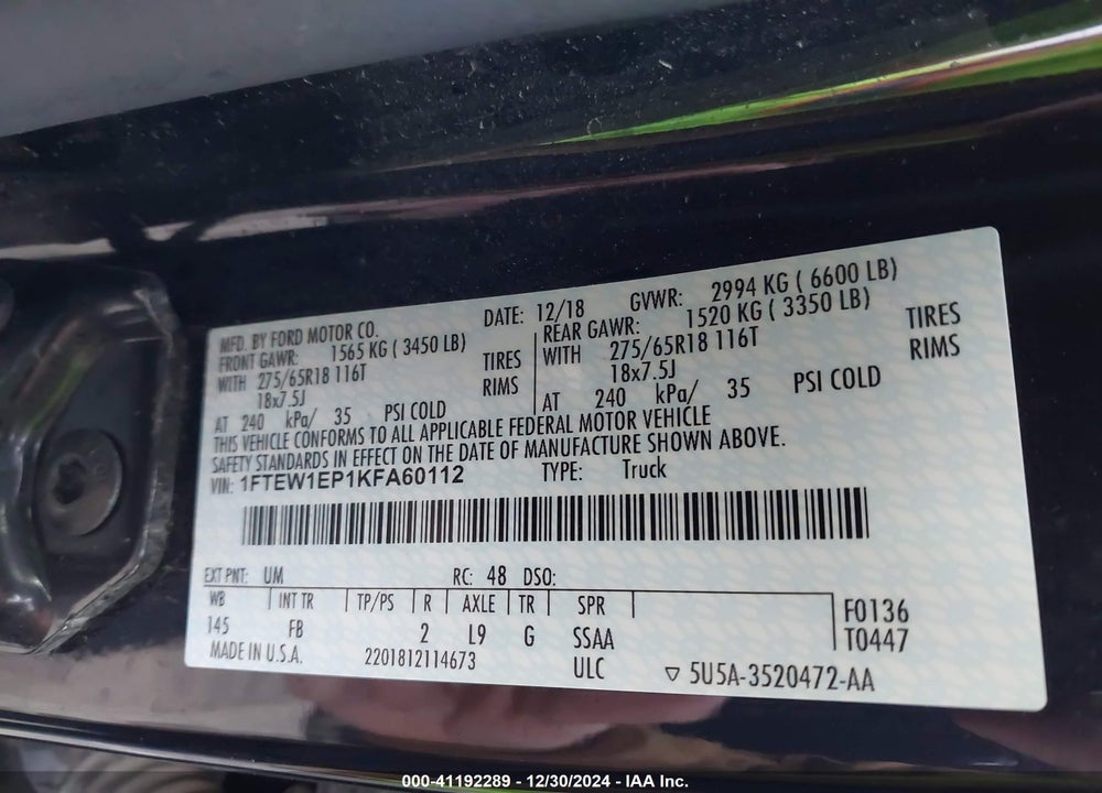 2019 FORD F-150 XLT VIN: 1FTEW1EP1KFA60112