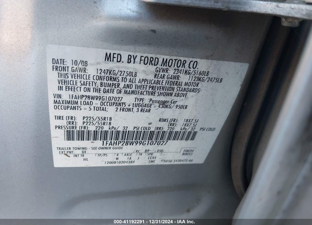 2009 FORD TAURUS LIMITED VIN: 1FAHP28W99G107027