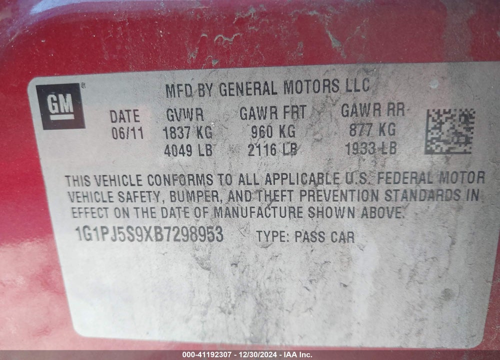 2011 CHEVROLET CRUZE ECO VIN: 1G1PJ5S9XB7298953