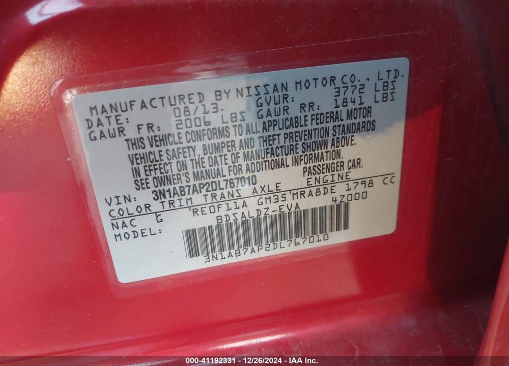 2013 NISSAN SENTRA SV VIN: 3N1AB7AP2DL767010