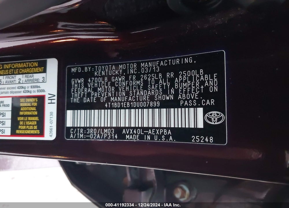 2013 TOYOTA AVALON HYBRID LIMITED VIN: 4T1BD1EB1DU007899