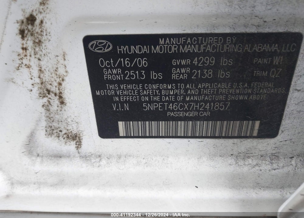 2007 HYUNDAI SONATA GLS VIN: 5NPET46CX7H241857
