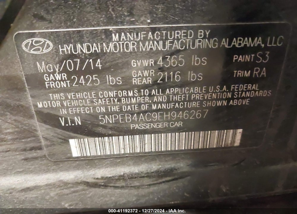2014 HYUNDAI SONATA GLS VIN: 5NPEB4AC9EH946267