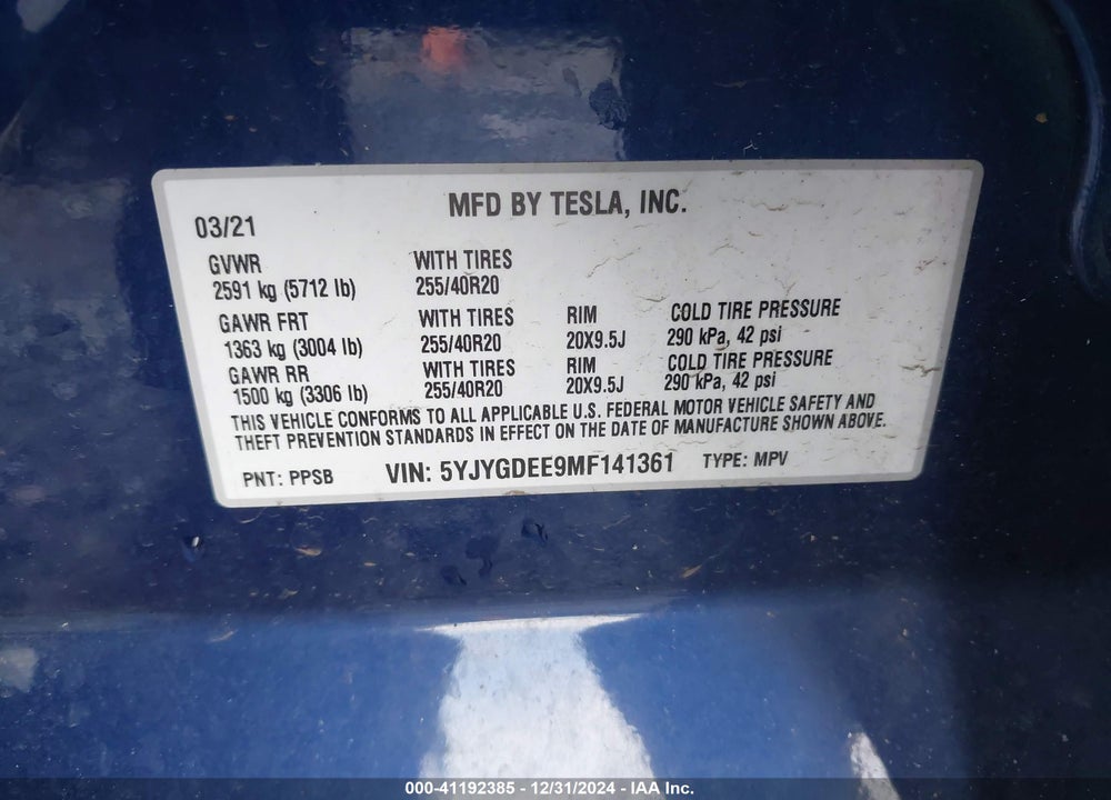 2021 TESLA MODEL Y LONG RANGE DUAL MOTOR ALL-WHEEL DRIVE VIN: 5YJYGDEE9MF141361
