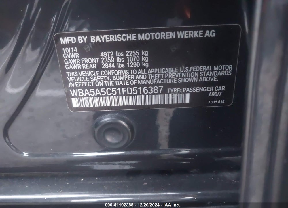 2015 BMW 528I VIN: WBA5A5C51FD516387