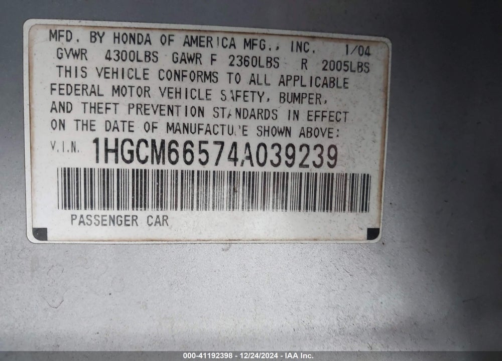 2004 HONDA ACCORD 3.0 EX VIN: 1HGCM66574A039239