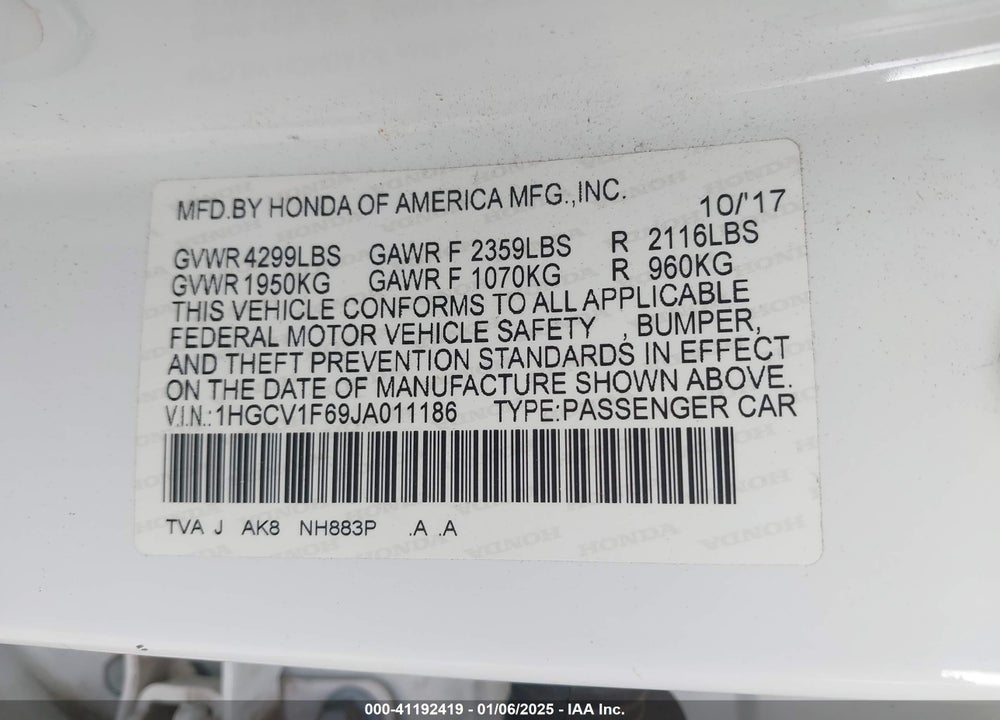 2018 HONDA ACCORD VIN: 1HGCV1F69JA011186