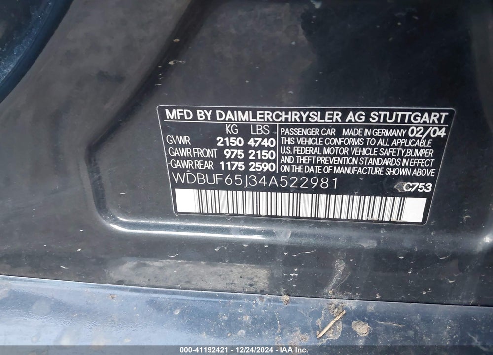 2004 MERCEDES-BENZ E 320 VIN: WDBUF65J34A522981