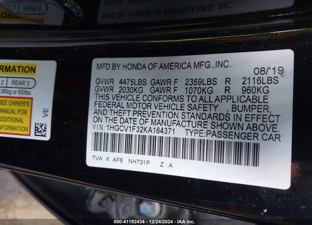 2019 HONDA ACCORD VIN: 1HGCV1F32KA164371