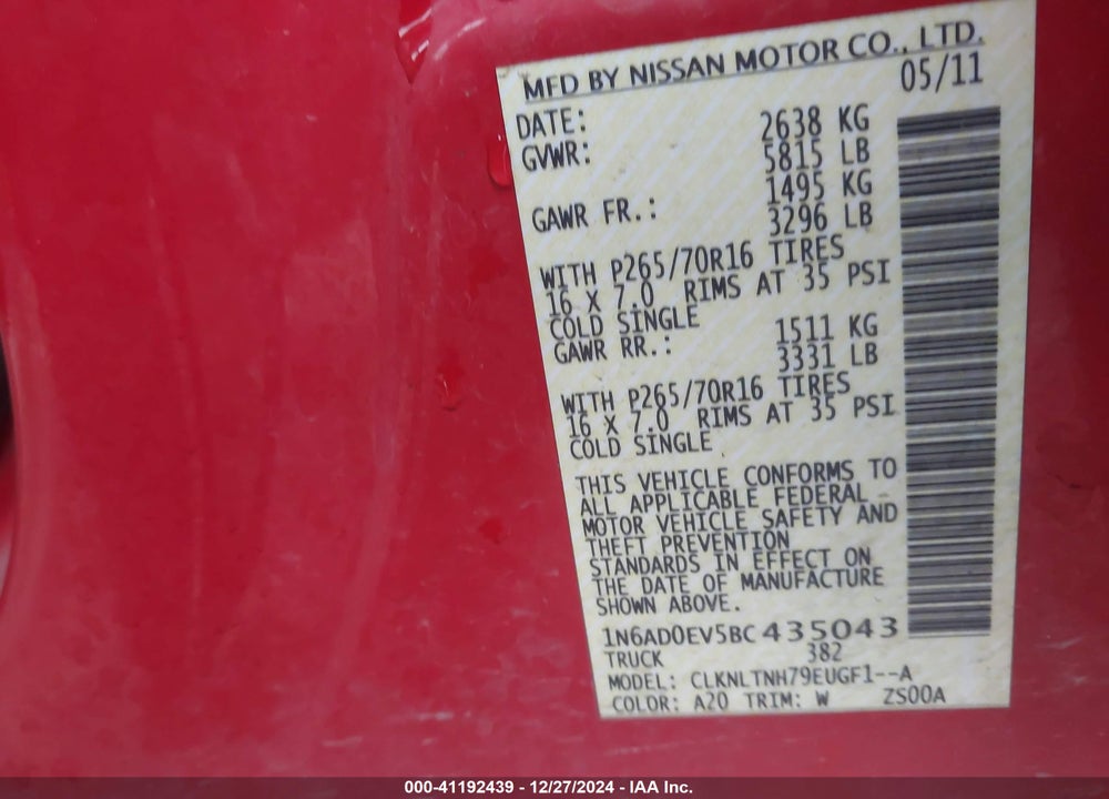 2011 NISSAN FRONTIER VIN: 1N6AD0EV5BC435043