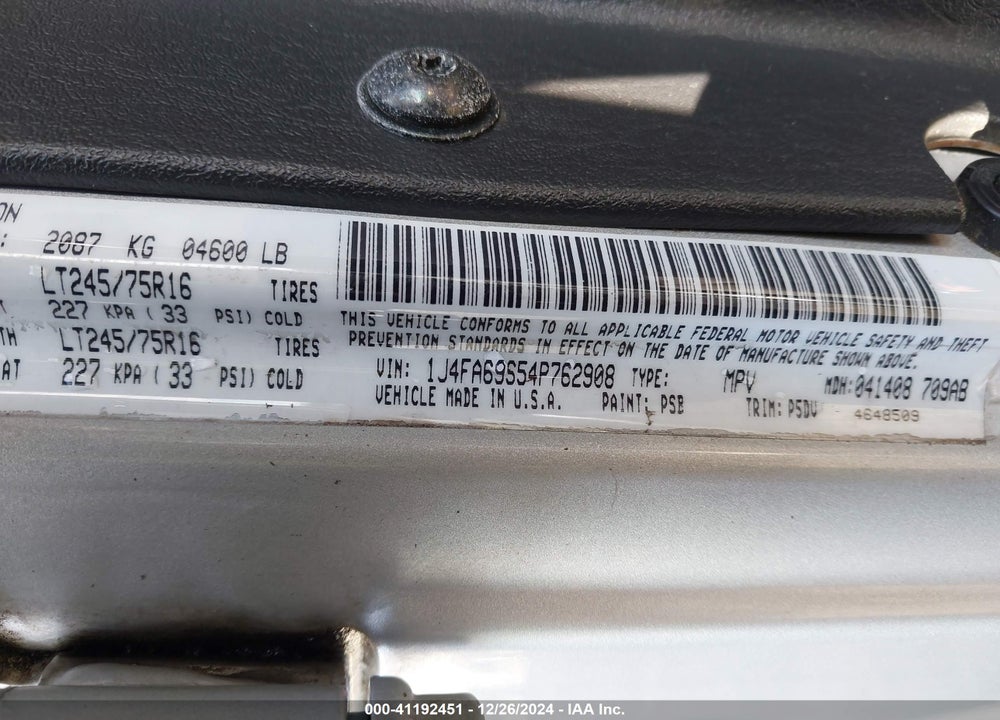 2004 JEEP WRANGLER RUBICON VIN: 1J4FA69S54P762908