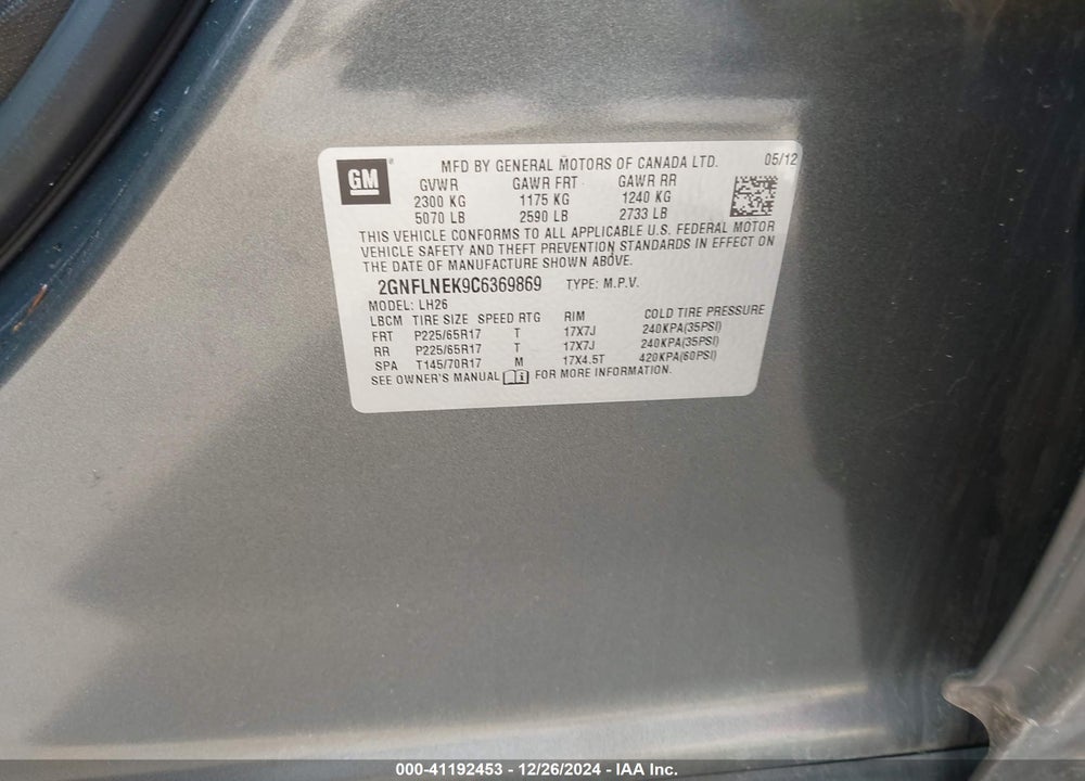 2012 CHEVROLET EQUINOX 2LT VIN: 2GNFLNEK9C6369869
