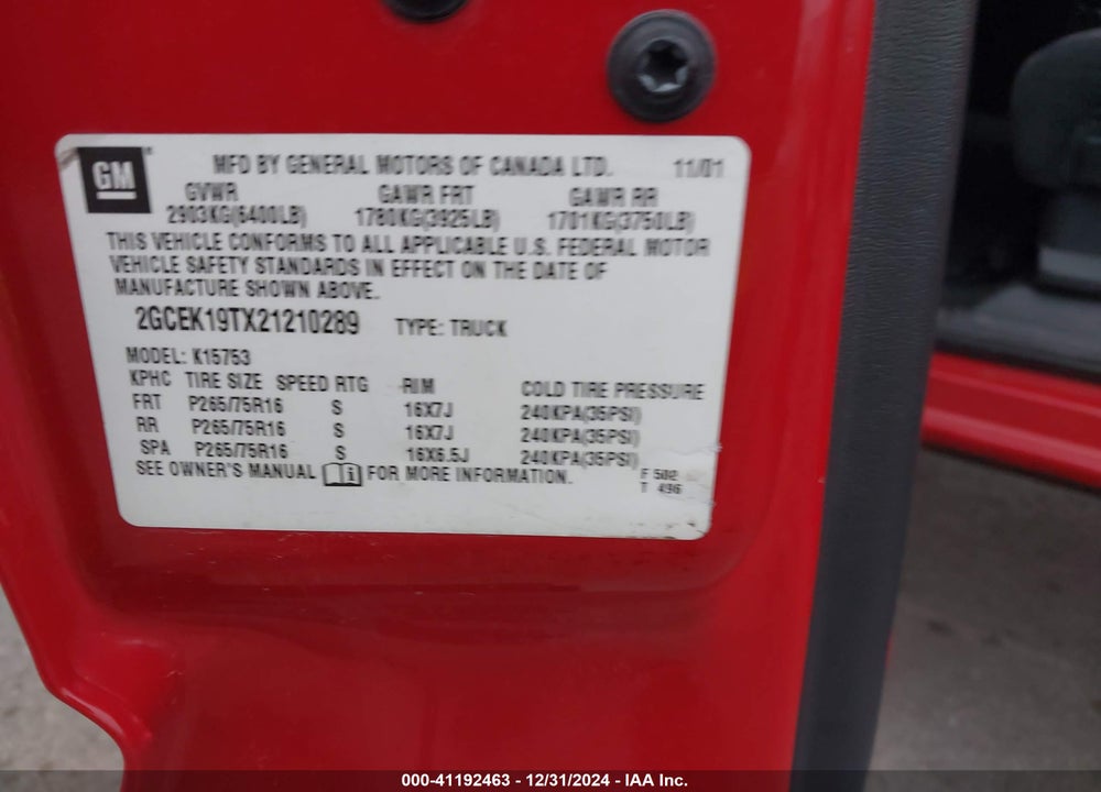 2002 CHEVROLET SILVERADO 1500 LS VIN: 2GCEK19TX21210289